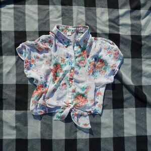Floral Sheer Button Up Front Tie Shirt
